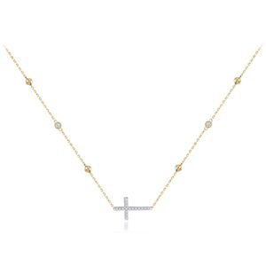 MINET Zlatý náhrdelník křížek s bílými zirkony a kuličkami Au 585/1000 3,90g