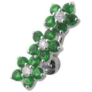 Šperky4U Piercing do pupíku se štítem - kytičky, tmavě zelené zirkony - BP01171-E
