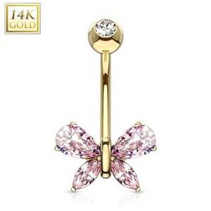 Šperky4U Zlatý piercing do pupíku - motýlek s růžovými zirkony, Au 585/1000 - ZL01171P-YG